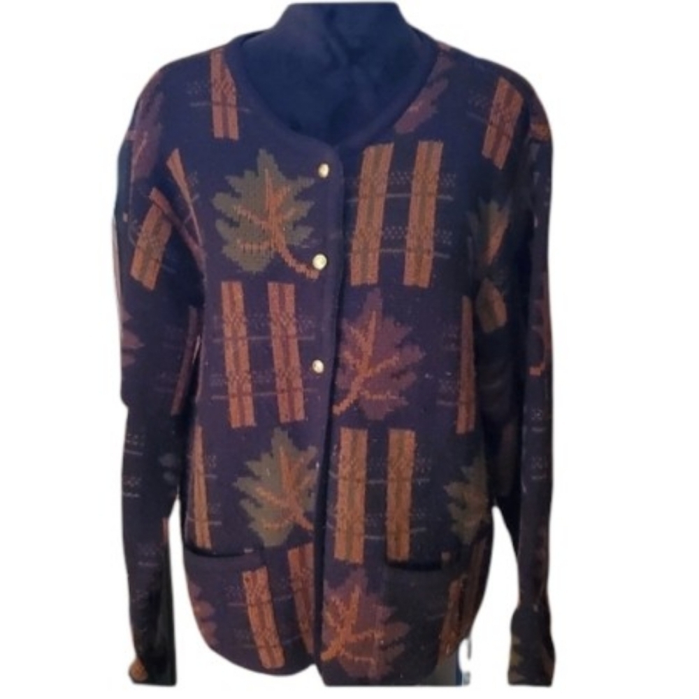 Crystal Kobe Sweater Womens Cardigan size L Cardigan leaf knit Vintage
